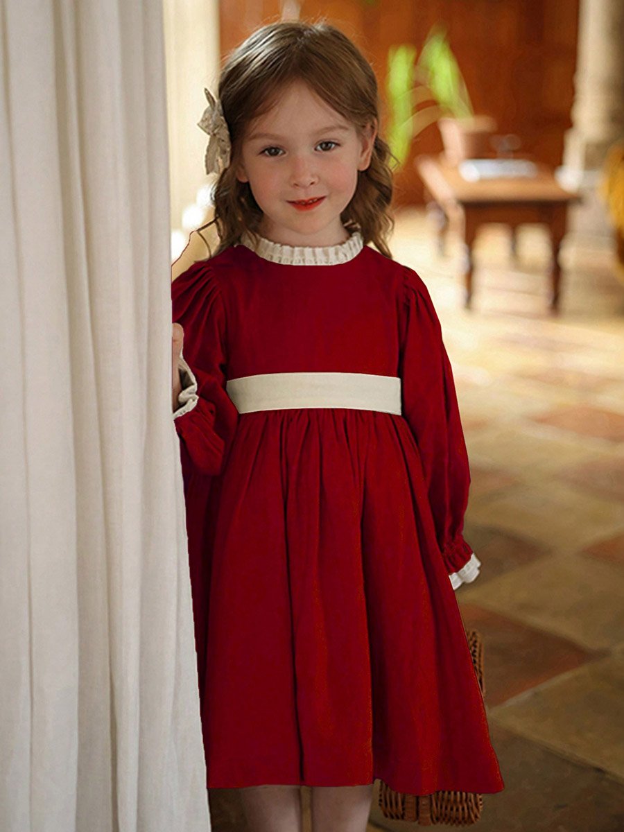 Girls Burgundy Pleated Long Sleeve Dress
