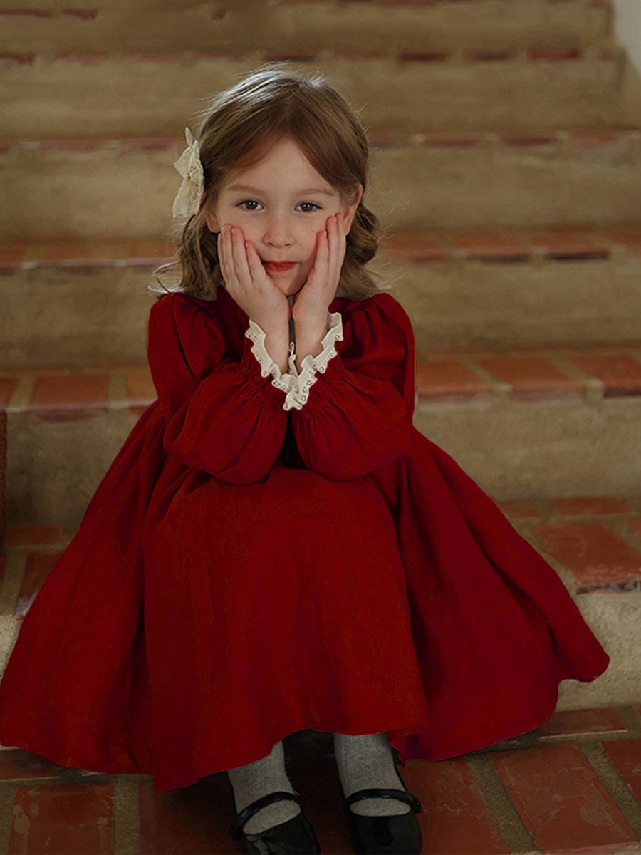 Girls Burgundy Pleated Long Sleeve Dress