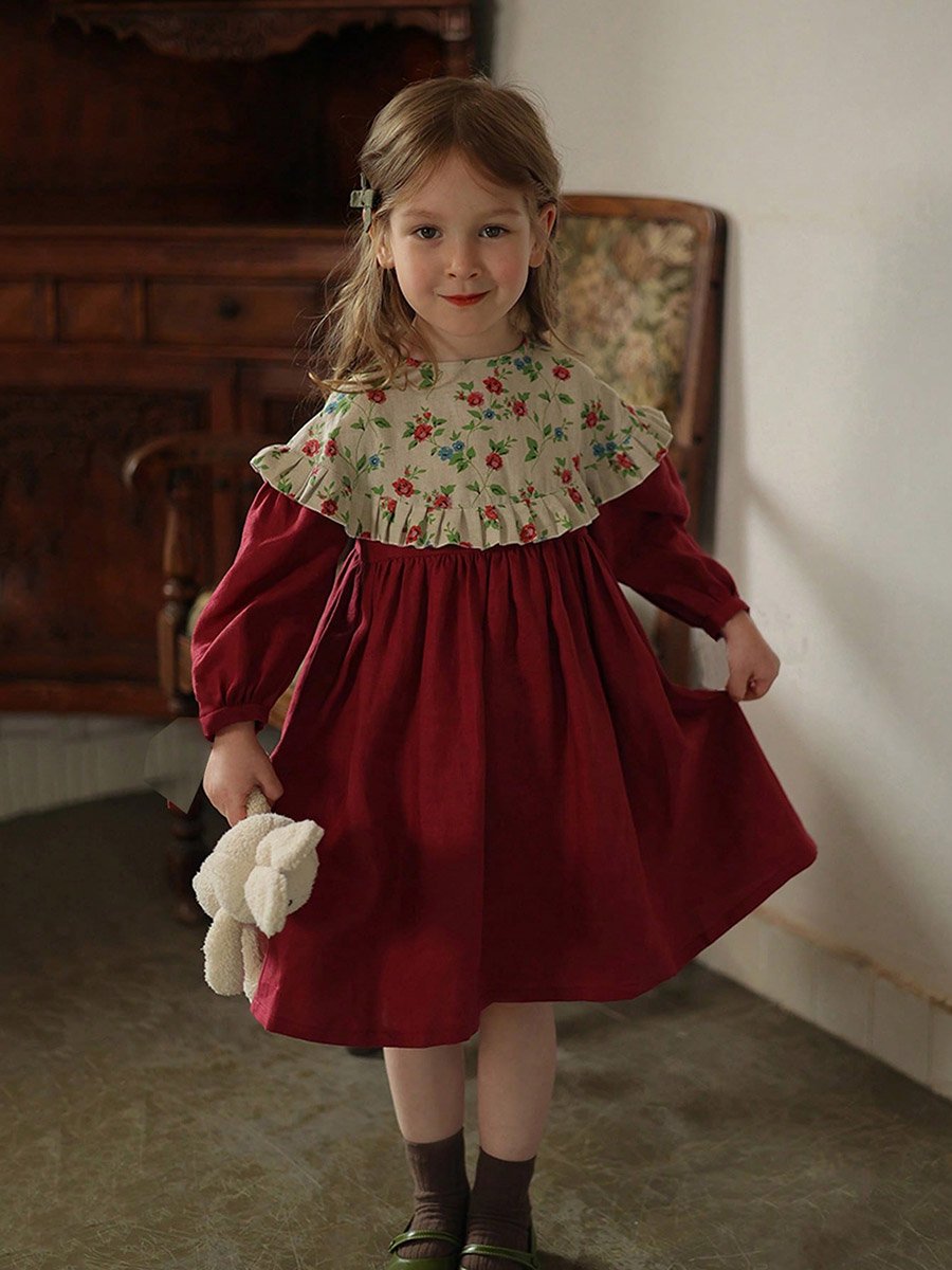 Girls Burgundy Floral Print Long Sleeve Dress For Kids at Kuwait | Styli