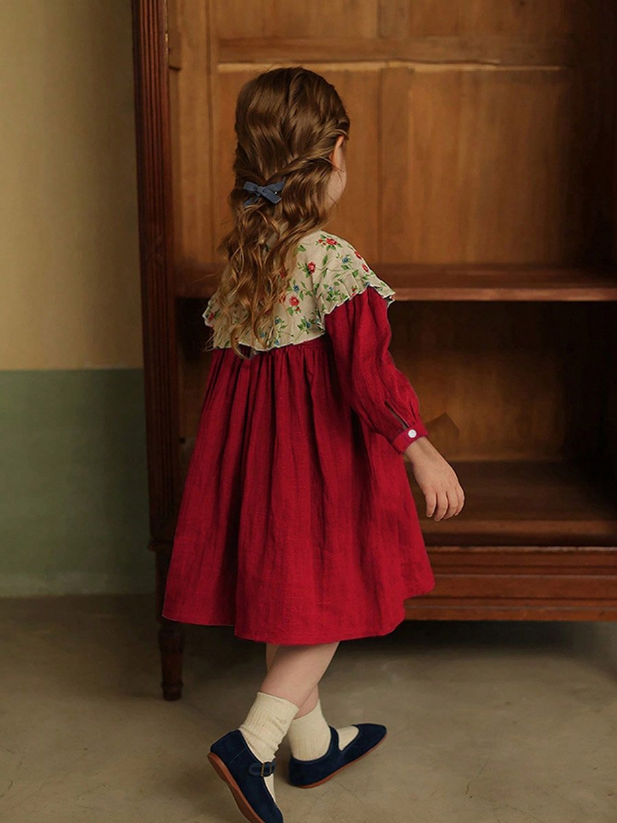 Girls Burgundy Floral Print Long Sleeve Dress For Kids at Kuwait | Styli Girls Burgundy Floral Print Long Sleeve Dress For Kids at Kuwait | Styli
