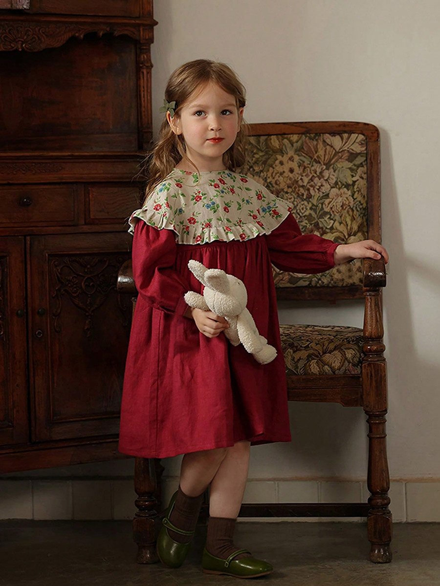Girls Burgundy Floral Print Long Sleeve Dress For Kids at Kuwait | Styli