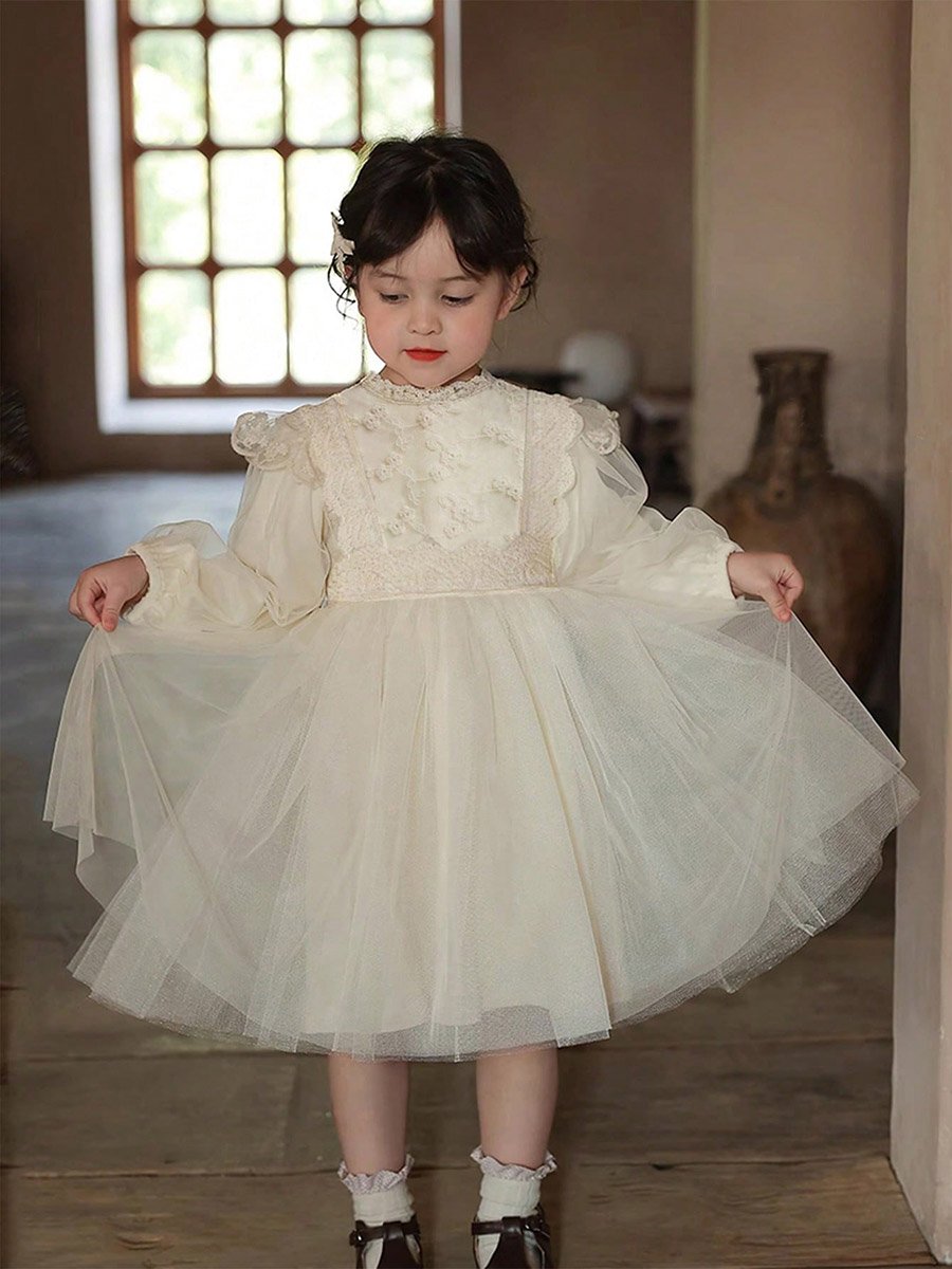 Girls Beige Lace Long Sleeve A-Line Dress