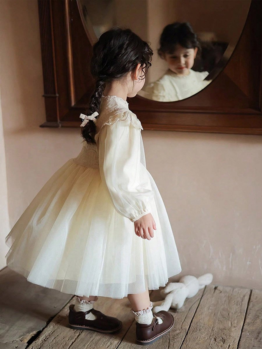 Girls Beige Lace Long Sleeve A-Line Dress