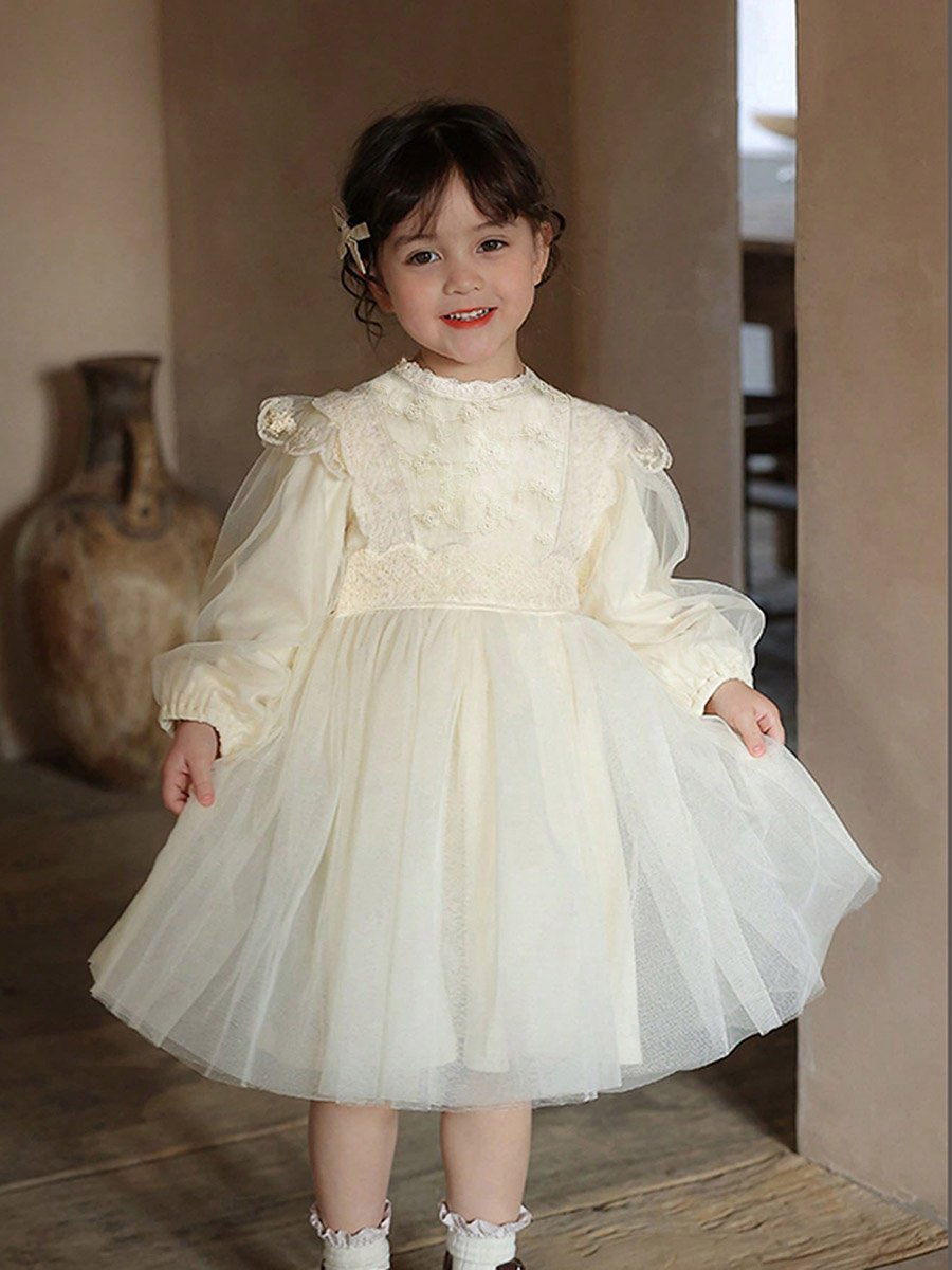 Girls Beige Lace Long Sleeve A-Line Dress