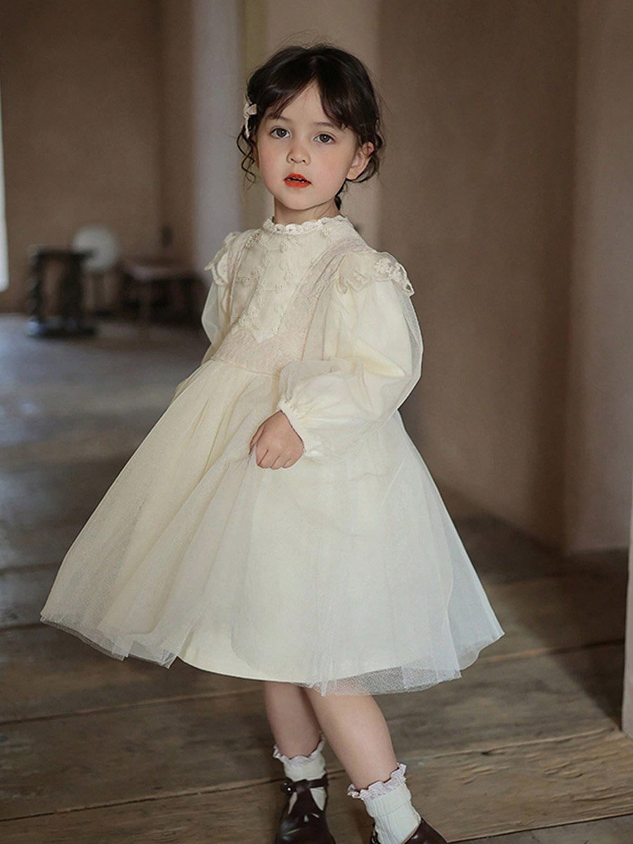 Girls Beige Lace Long Sleeve A-Line Dress