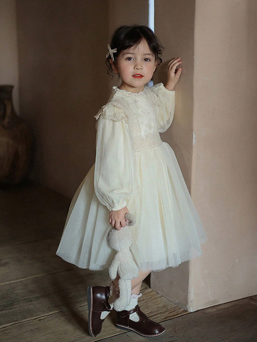 Girls Beige Lace Long Sleeve A-Line Dress
