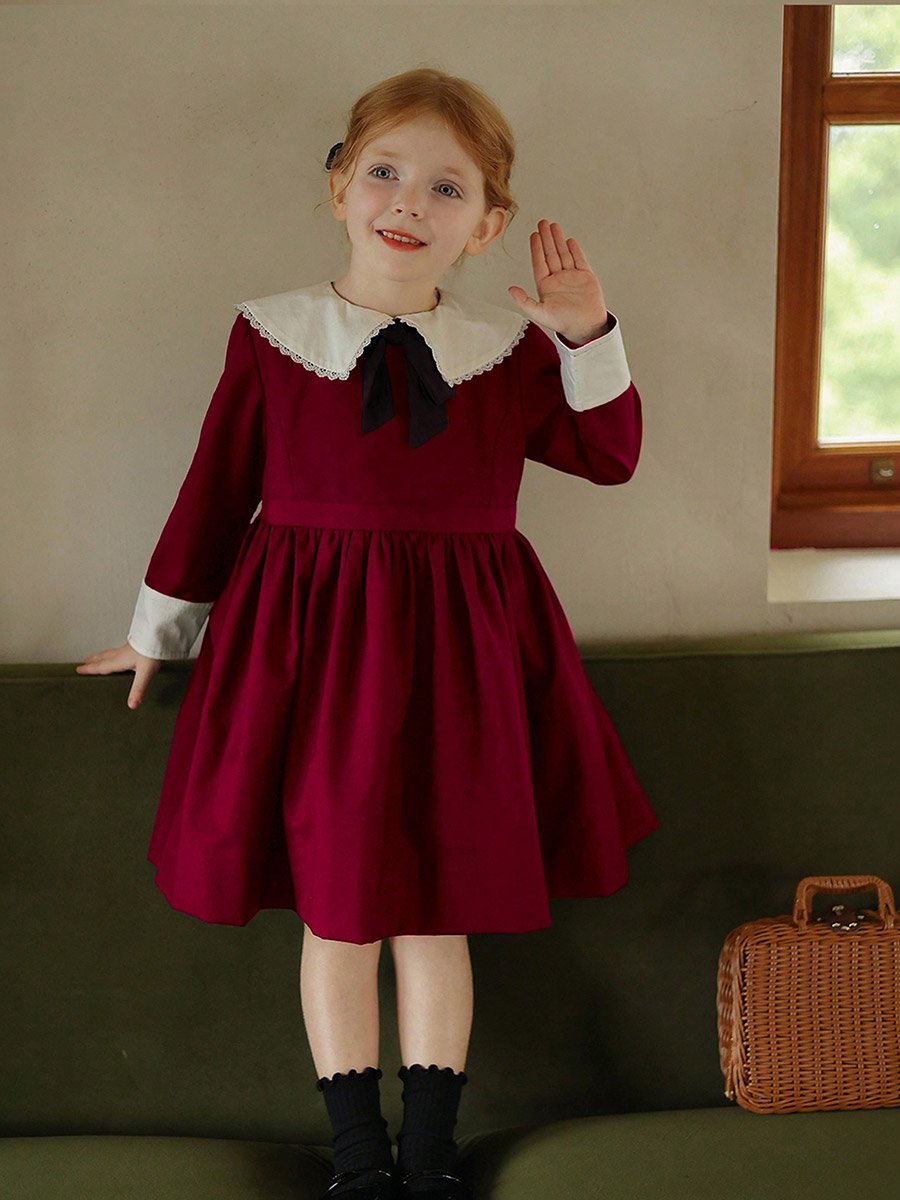 Girls Burgundy Peter Pan Collar Dress