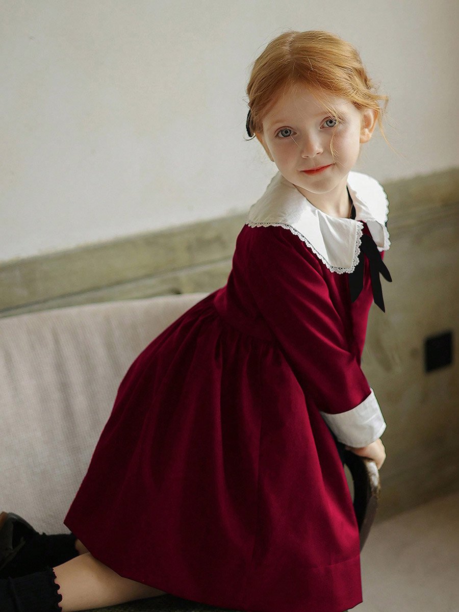 Girls Burgundy Peter Pan Collar Dress