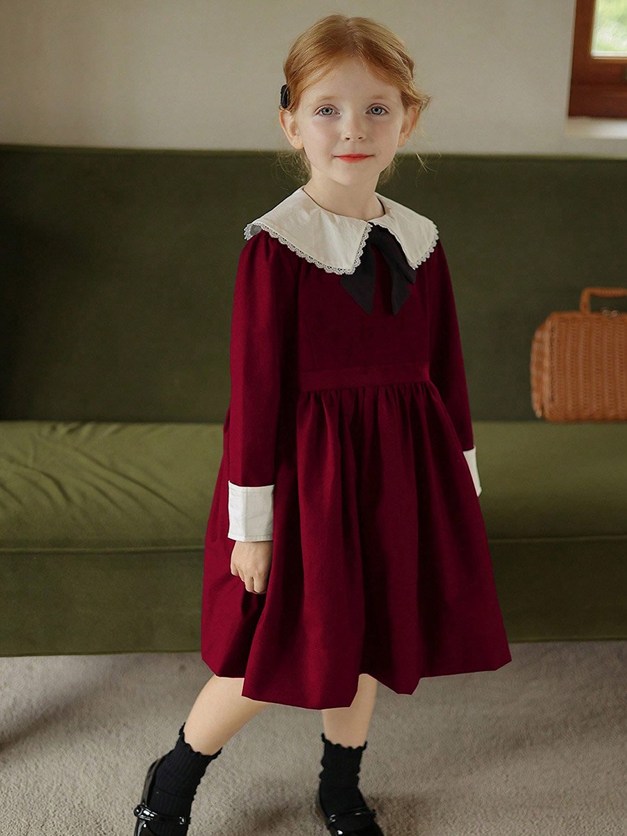 Girls Burgundy Peter Pan Collar Dress