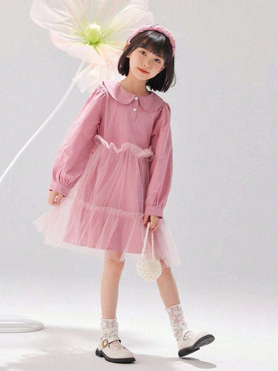 Girls Pink Peter Pan Collar Mesh Insert Dress