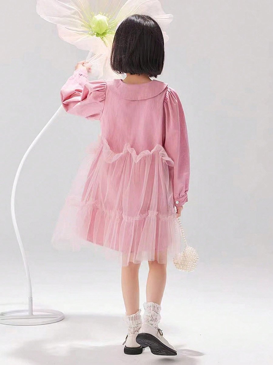 Girls Pink Peter Pan Collar Mesh Insert Dress