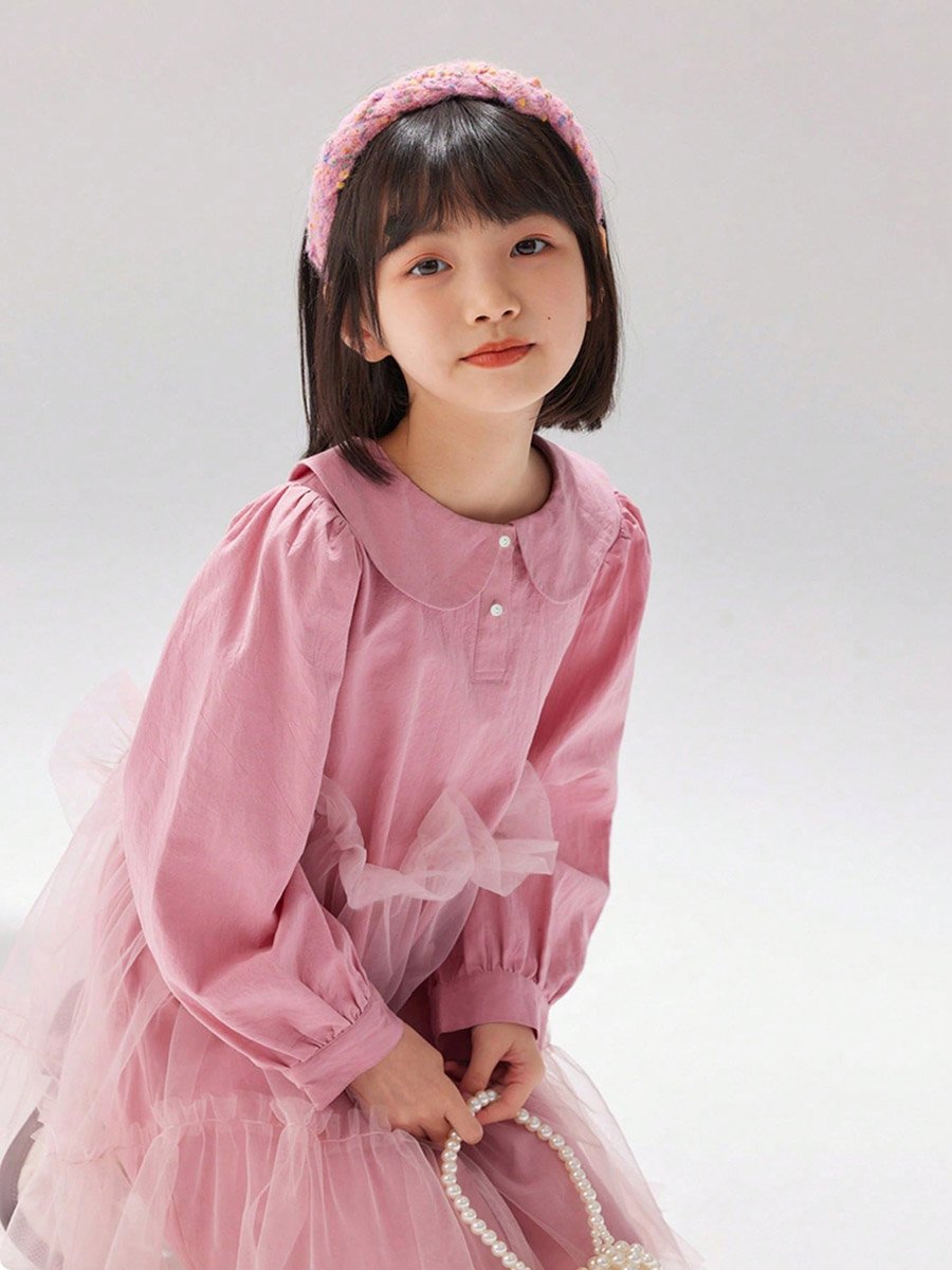 Girls Pink Peter Pan Collar Mesh Insert Dress