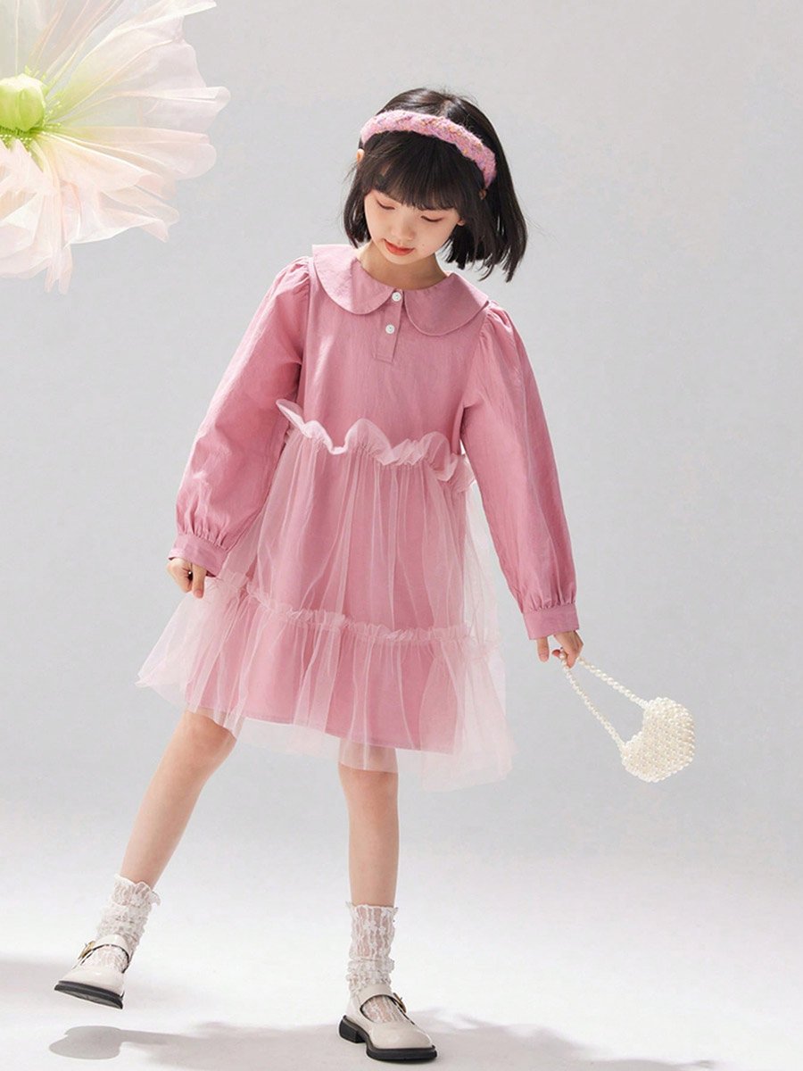 Girls Pink Peter Pan Collar Mesh Insert Dress