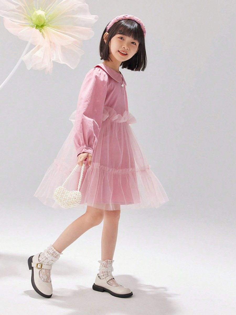 Girls Pink Peter Pan Collar Mesh Insert Dress