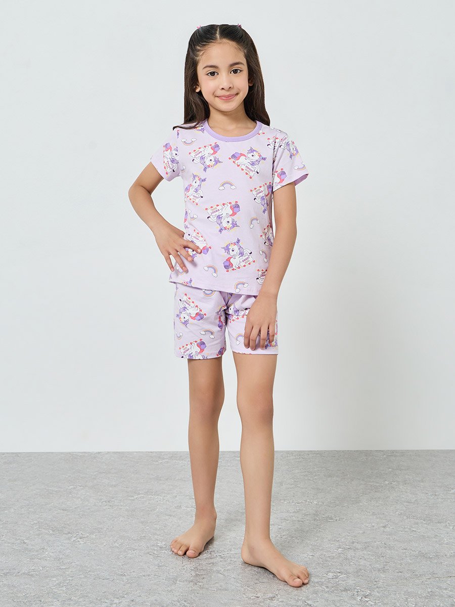 Girls Unicorn Printed T-Shirt and Shorts Pyjama Set
