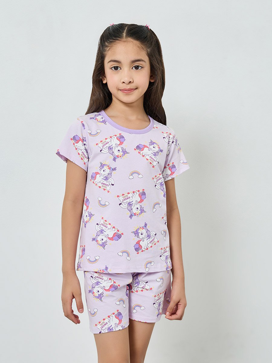 Girls Unicorn Printed T-Shirt and Shorts Pyjama Set