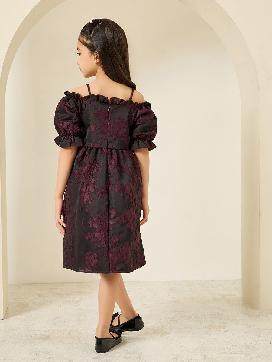 Women Burgundy Floral Jacquard Dress For Kids at Bahrain | Styli