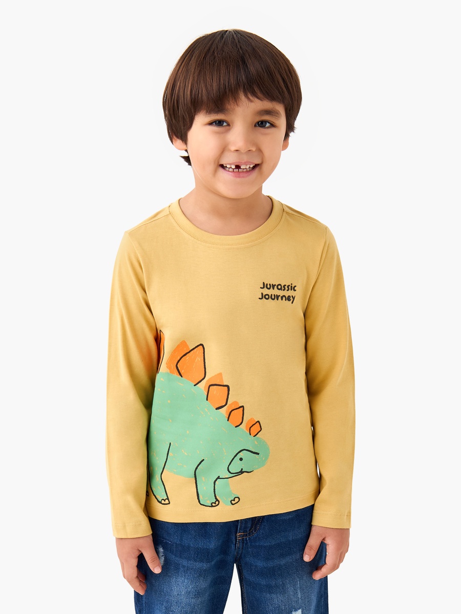 Cotton Crew Neck T-Shirt with Dinosaur Print