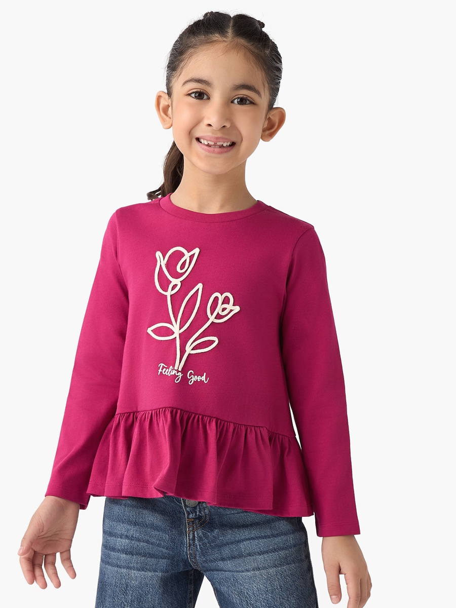 Crew Neck Long Sleeves T-Shirt with Floral Detail
