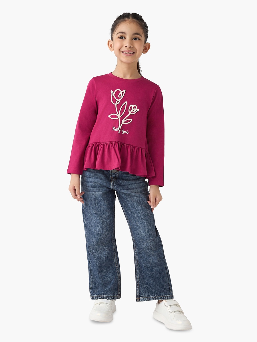 Crew Neck Long Sleeves T-Shirt with Floral Detail