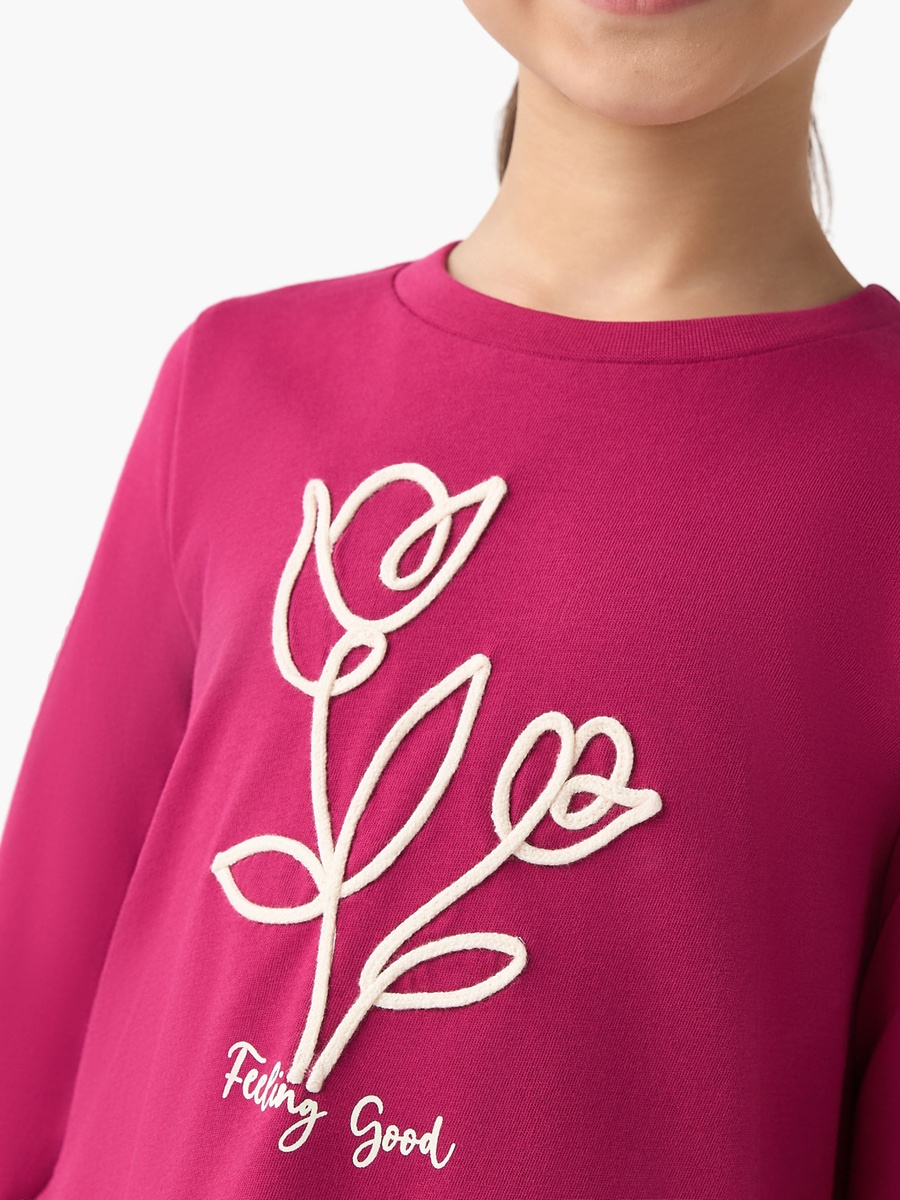 Crew Neck Long Sleeves T-Shirt with Floral Detail