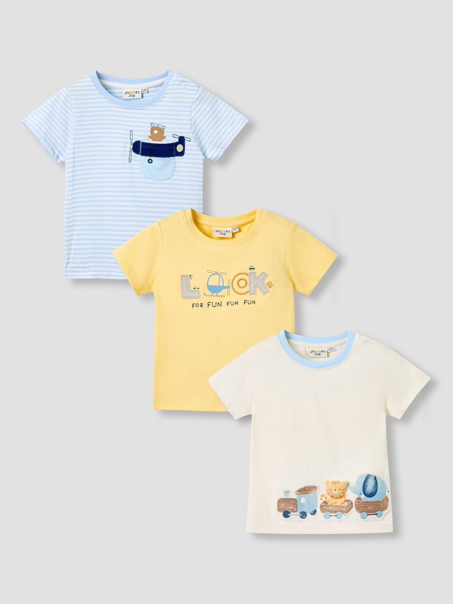 Set of 3 - Cotton Crew Neck T-Shirt with Applique Accent