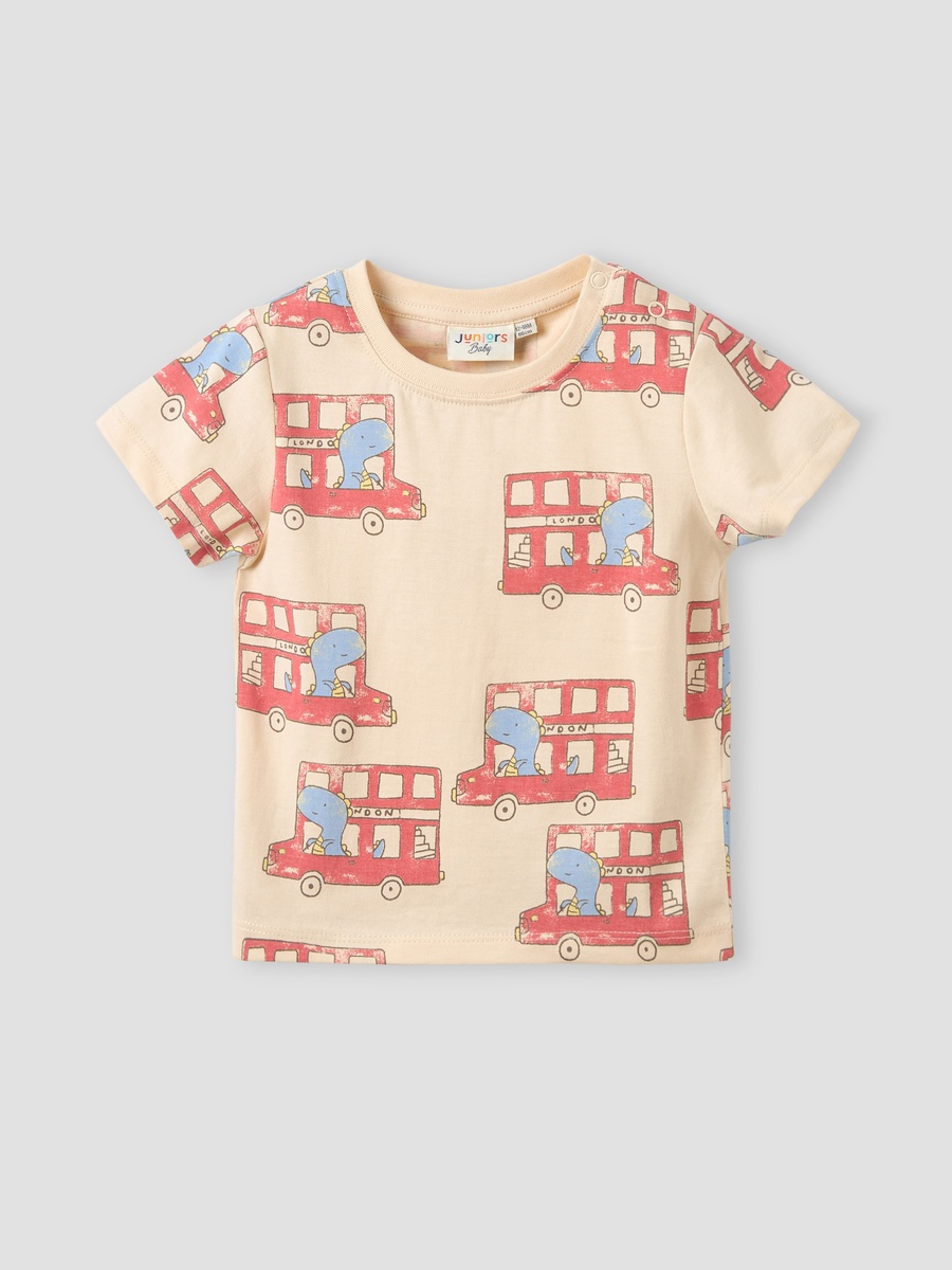 Crew Neck Short Sleeves T-Shirt with Dinosaur Bus Print