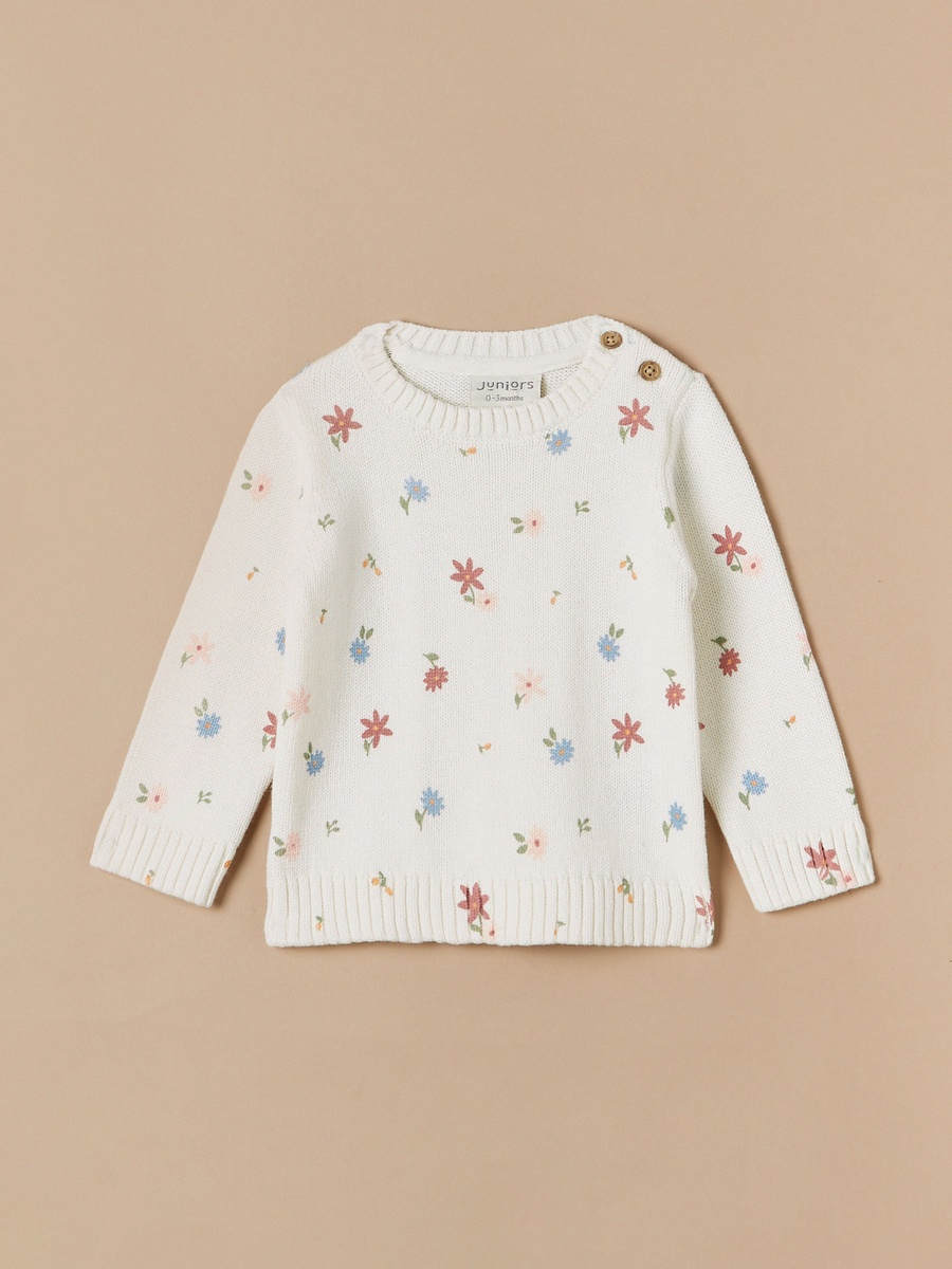 All-Over Floral Print Sweater with Crew Neck and Long Sleeves