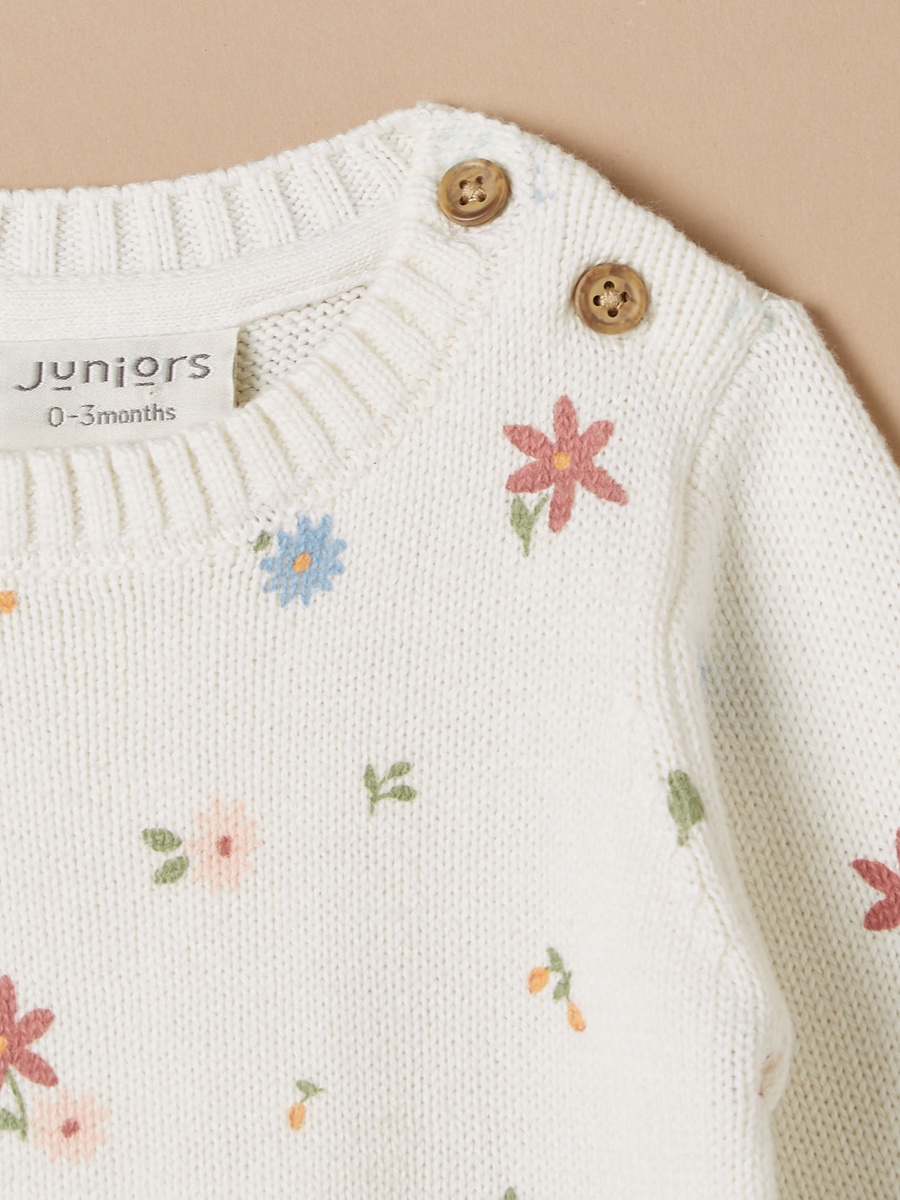 All-Over Floral Print Sweater with Crew Neck and Long Sleeves