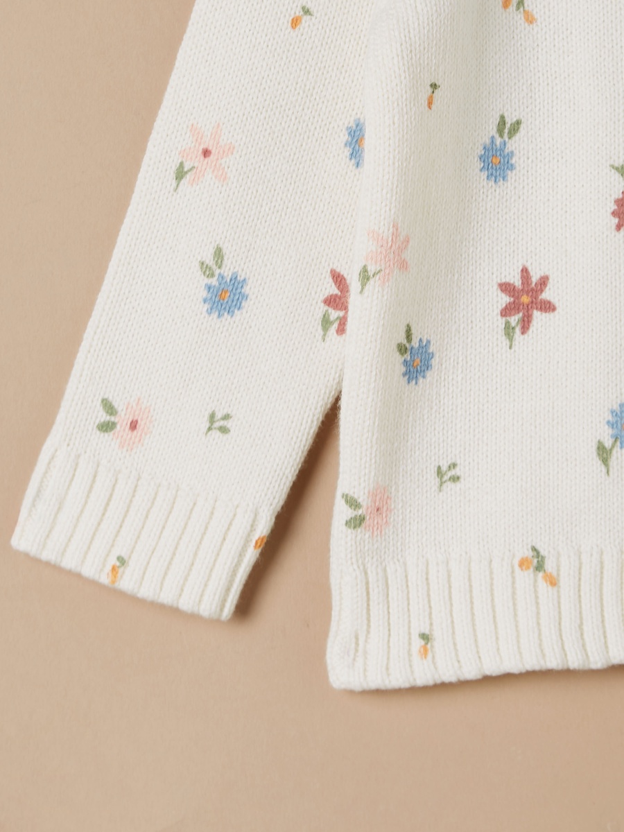 All-Over Floral Print Sweater with Crew Neck and Long Sleeves