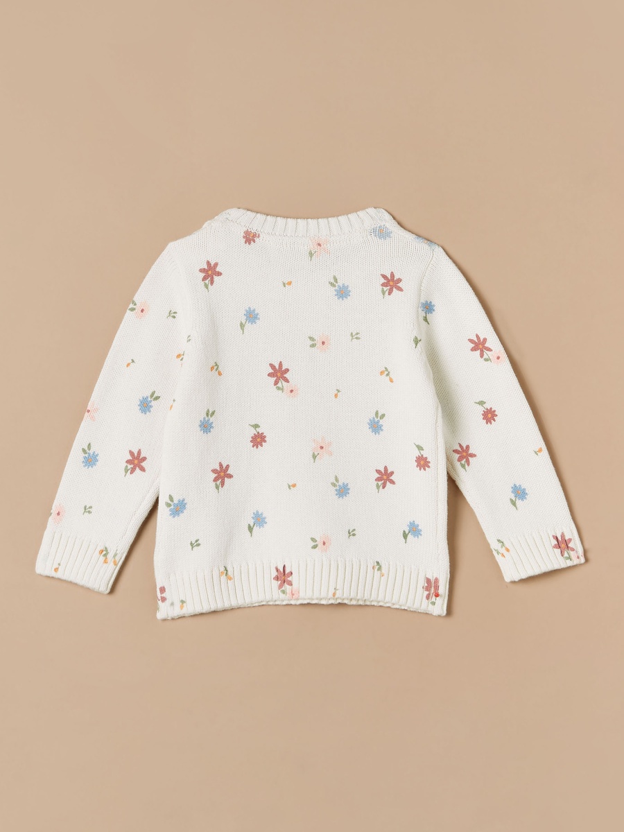 All-Over Floral Print Sweater with Crew Neck and Long Sleeves