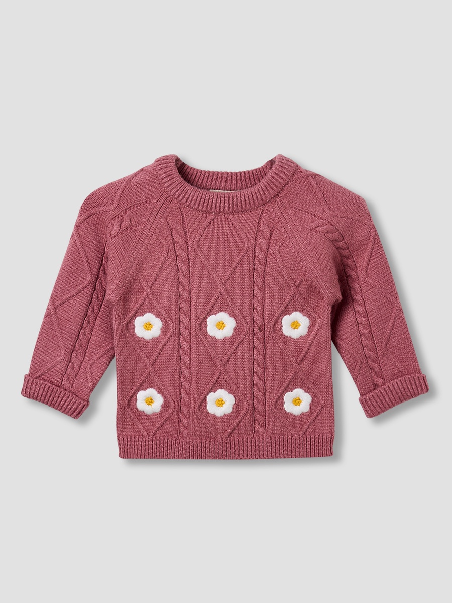 Round Neck Sweater with Floral Embroidery