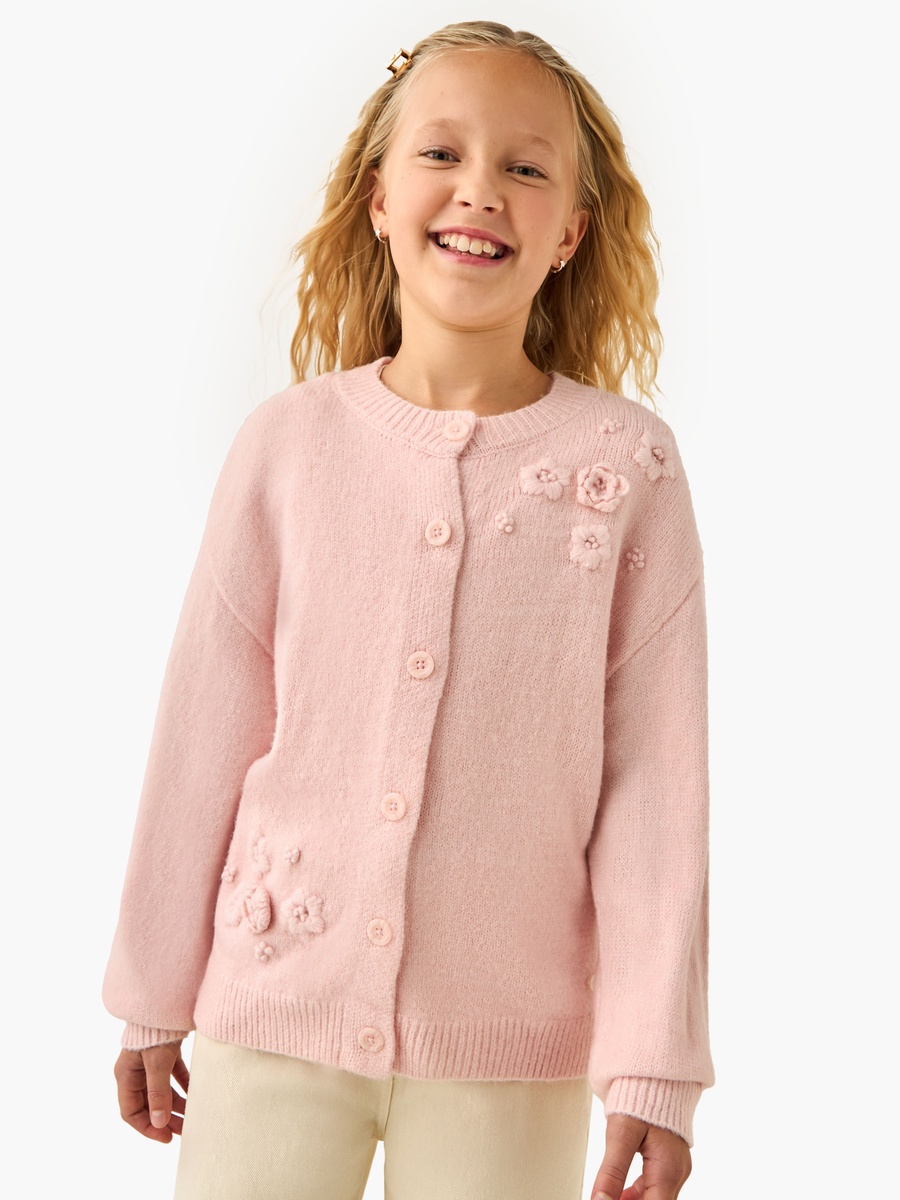 Crew Neck Cardigan with Floral Accent
