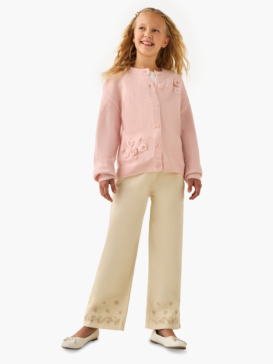 Crew Neck Cardigan with Floral Accent