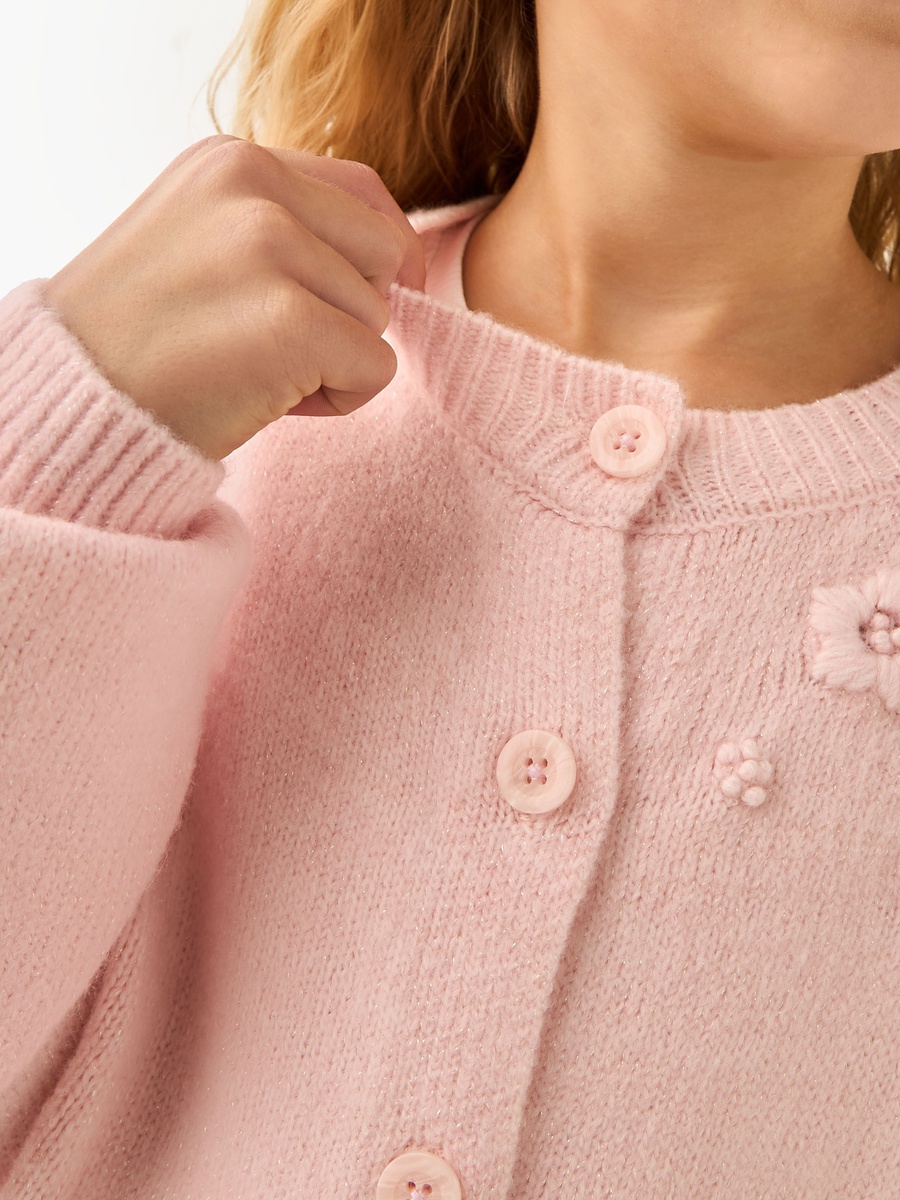 Crew Neck Cardigan with Floral Accent