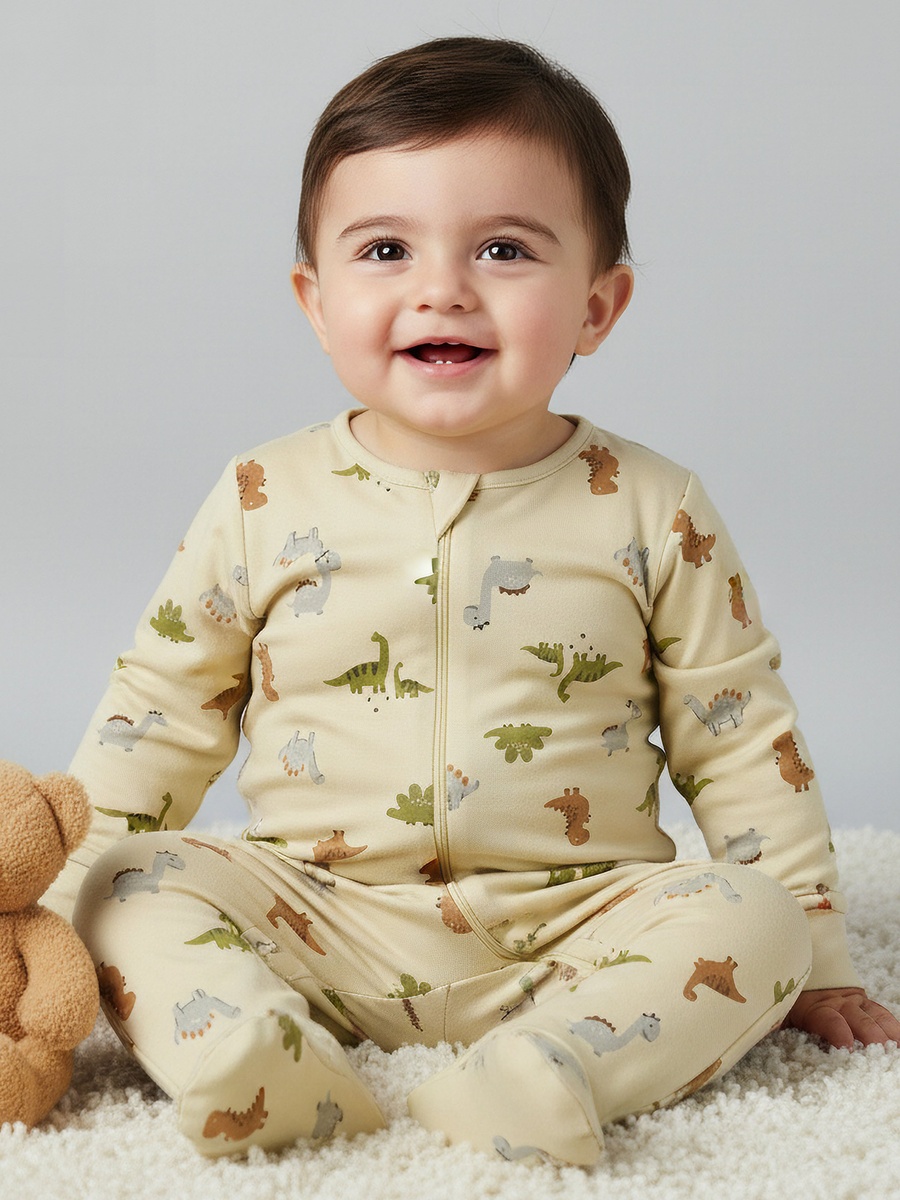 Cotton Round Neck Long Sleeves Sleepsuit with Dinosaur Print