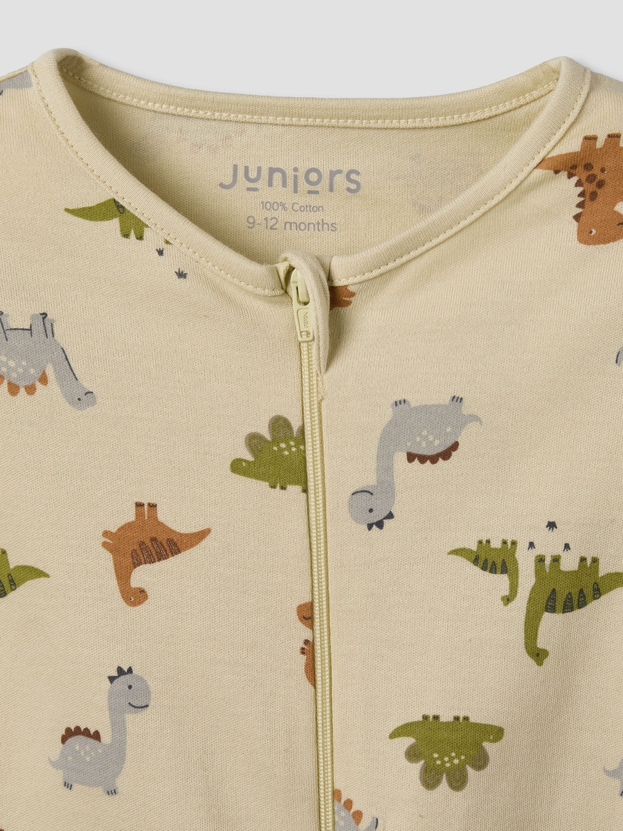 Cotton Round Neck Long Sleeves Sleepsuit with Dinosaur Print