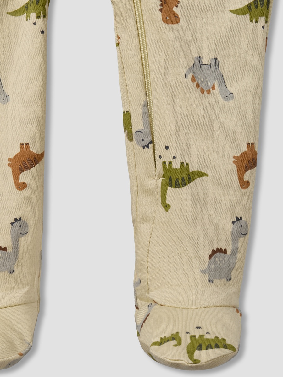 Cotton Round Neck Long Sleeves Sleepsuit with Dinosaur Print