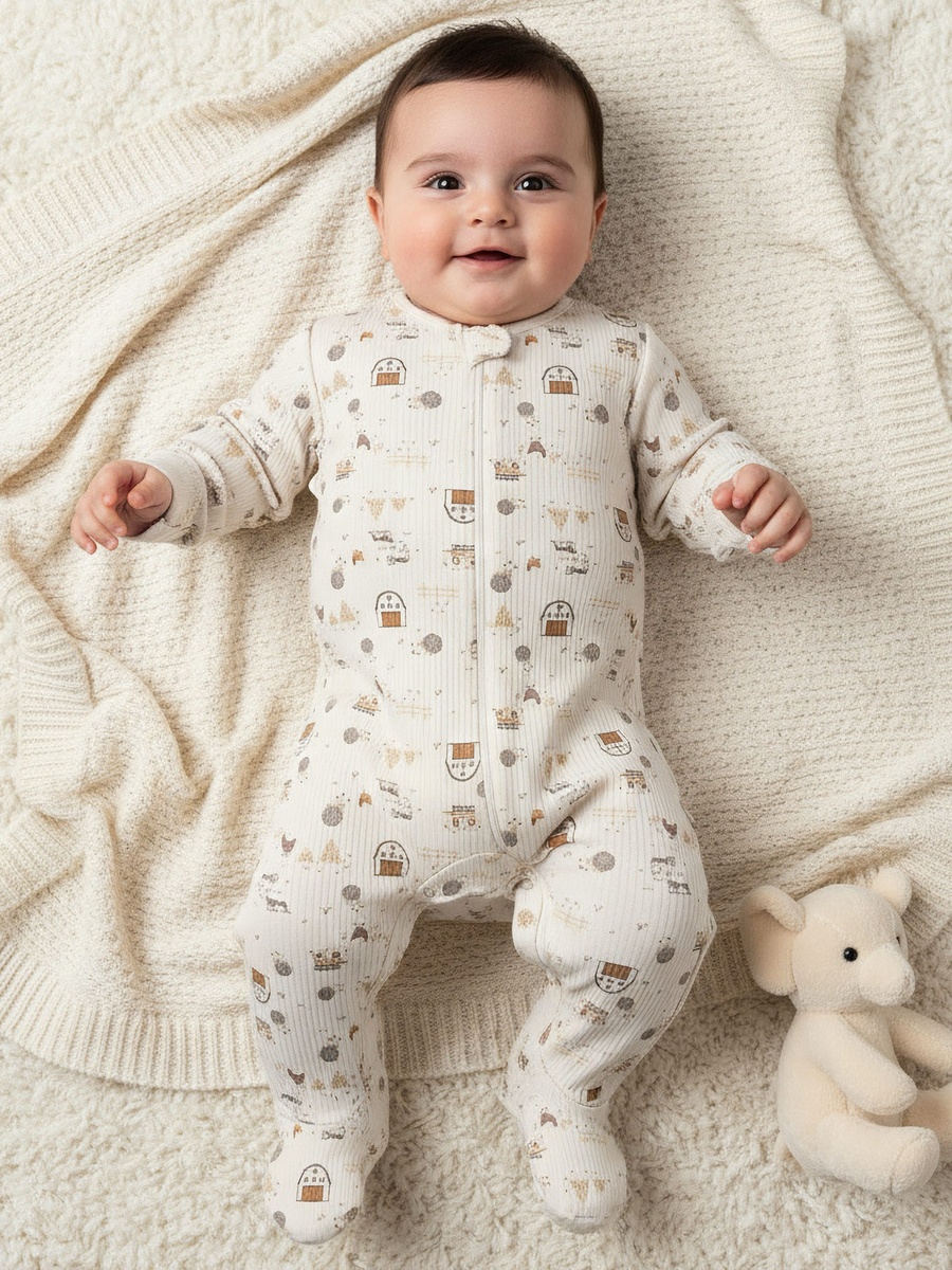 Cotton Round Neck Long Sleeves Sleepsuit with Farm Print