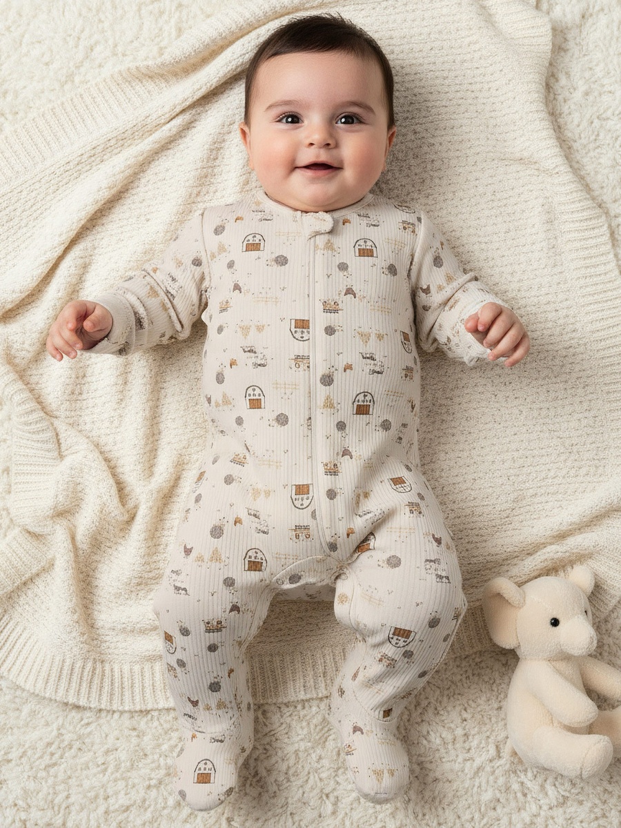 Cotton Round Neck Long Sleeves Sleepsuit with Farm Print