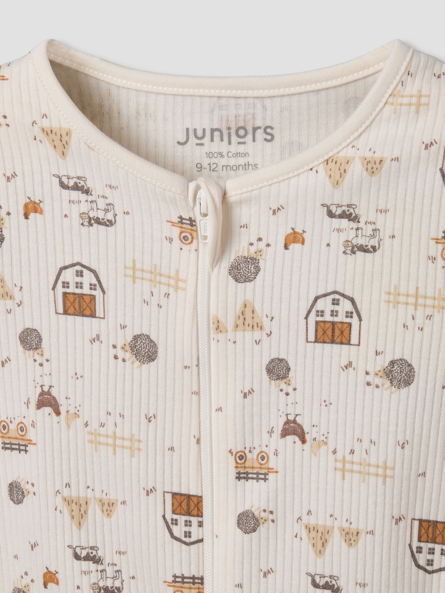 Cotton Round Neck Long Sleeves Sleepsuit with Farm Print