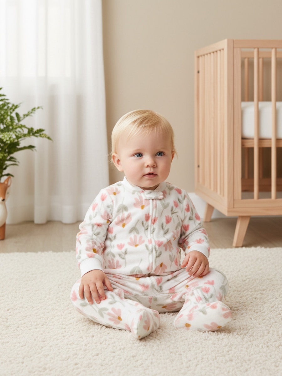 Round Neck Sleepsuit with Floral Print and Long Sleeves