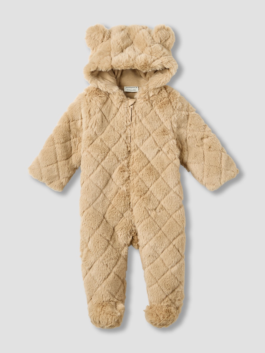 Hooded Long Sleeves Sleepsuit with Faux Fur Texture