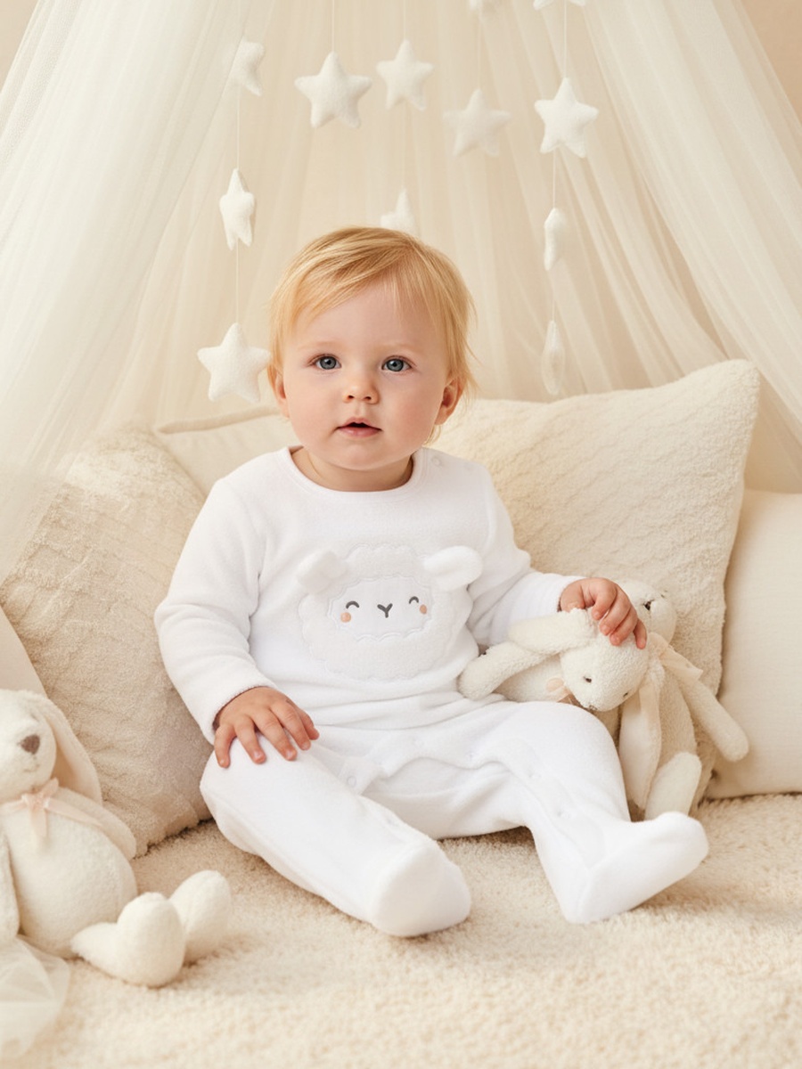 Sheep Face Applique Sleepsuit with Long Sleeves and Button Closure