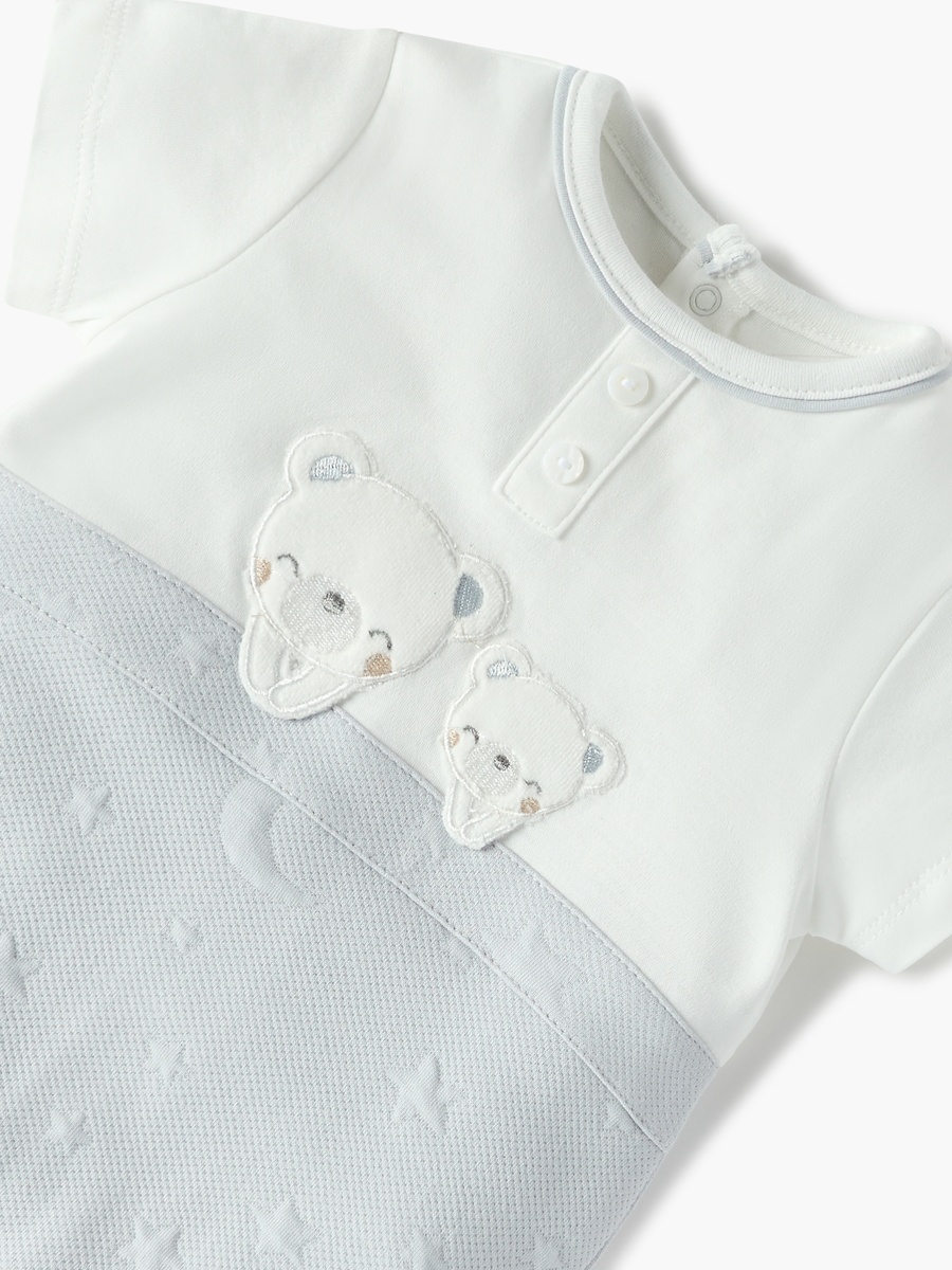 Bear Applique Romper with Short Sleeves and Button Closure