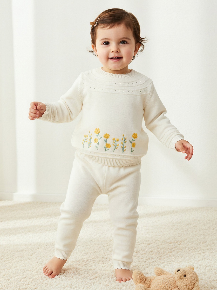 Cotton Crew Neck Long Sleeves Pyjama Set with Floral Embroidery