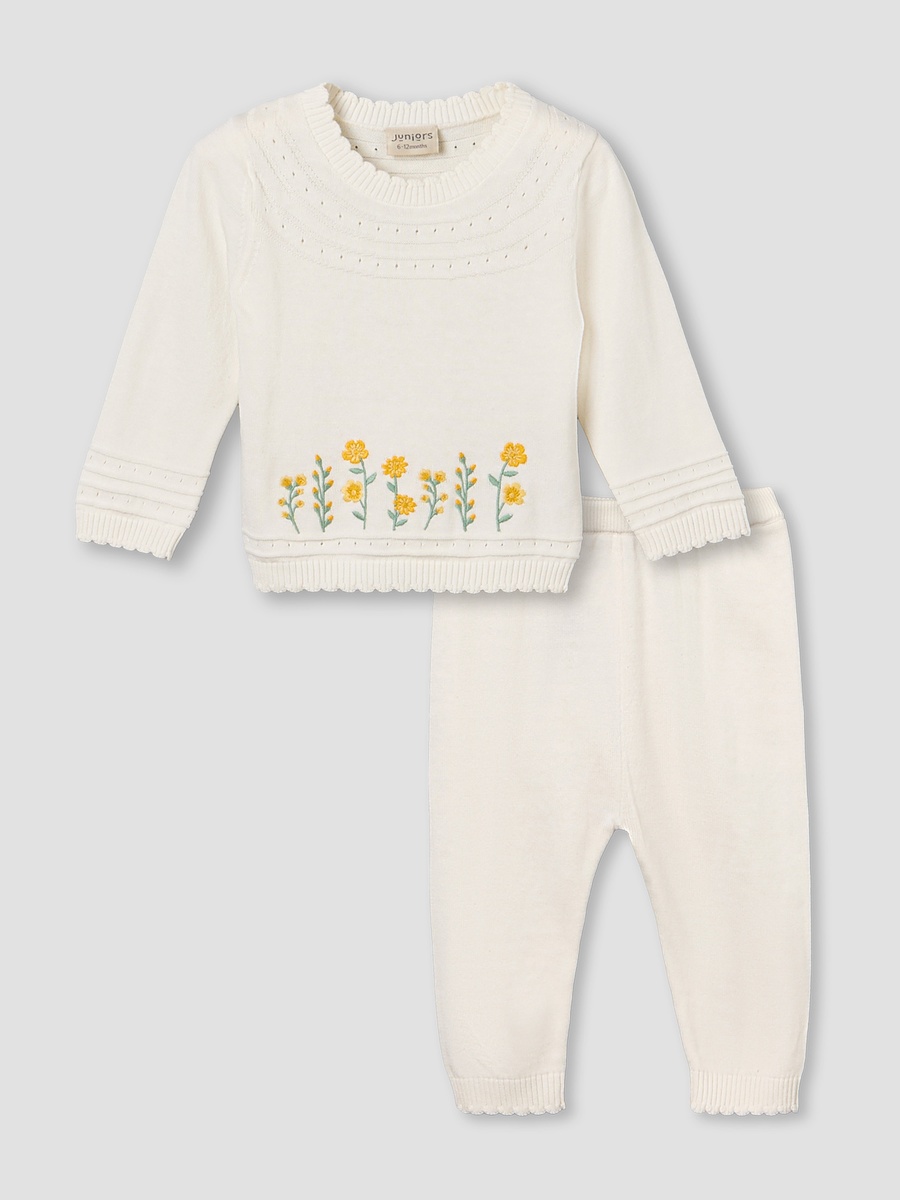 Cotton Crew Neck Long Sleeves Pyjama Set with Floral Embroidery