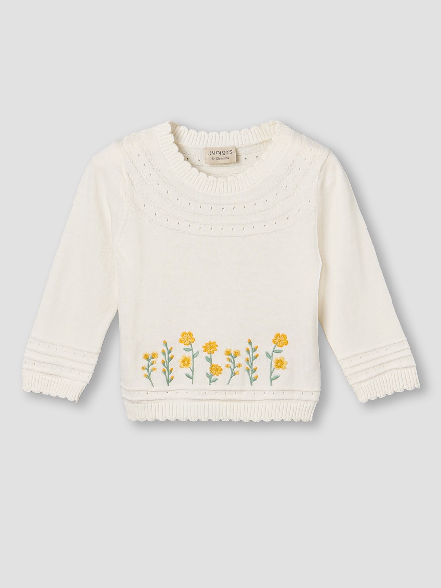 Cotton Crew Neck Long Sleeves Pyjama Set with Floral Embroidery