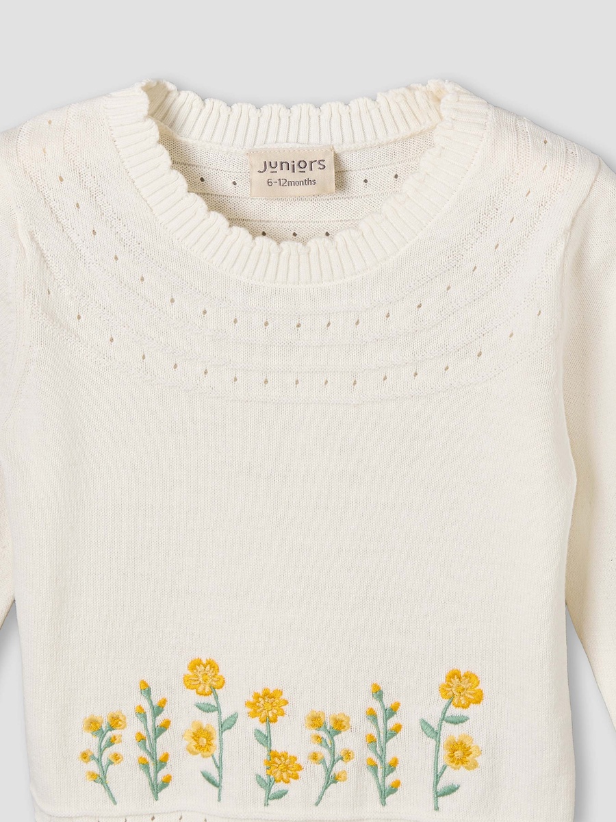 Cotton Crew Neck Long Sleeves Pyjama Set with Floral Embroidery