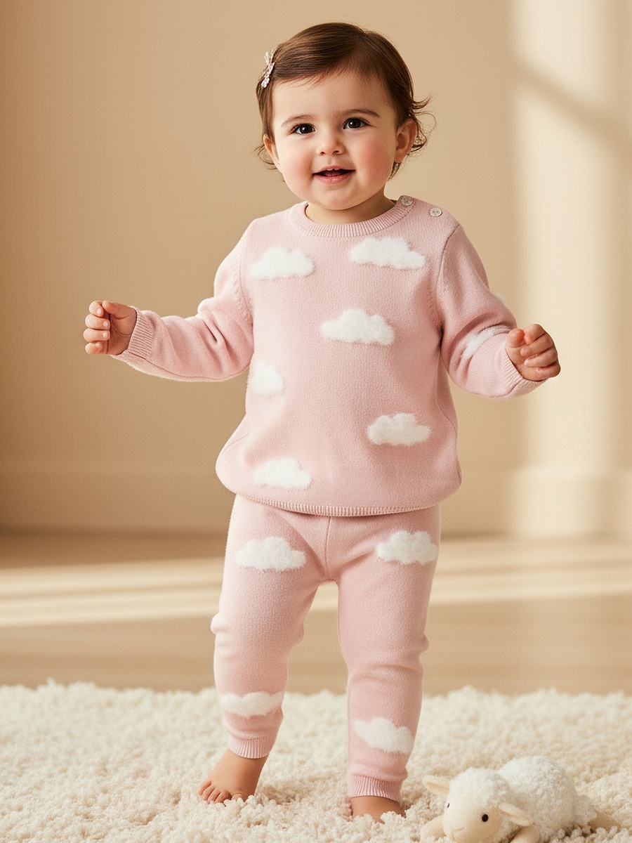 Cotton Round Neck Long Sleeves Pyjama Set with Cloud Knit Design